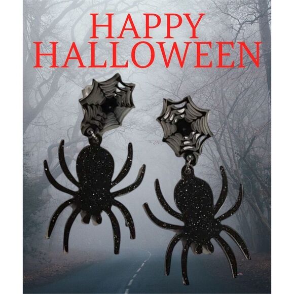 NWT Spooky Black Glittery Spider And Spiderweb Dangle Drop Earrings - Picture 5 of 5
